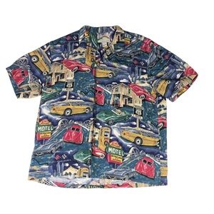 Vintage Paradise Found Hawaiian Button Shirt Large Route 66 Classic Cars Print